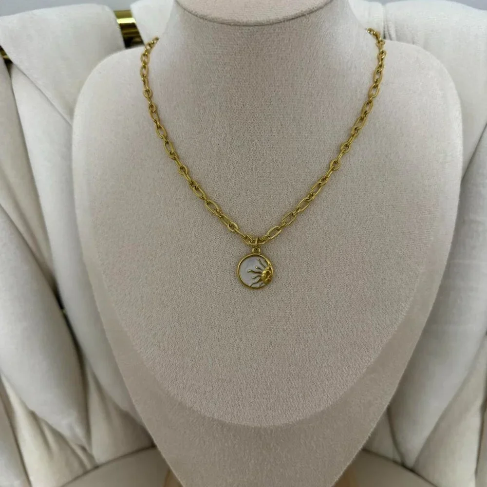 Sku 0437 vintage gold chain necklace With moon stone pendant sun stainless steel - Picture 3 of 7